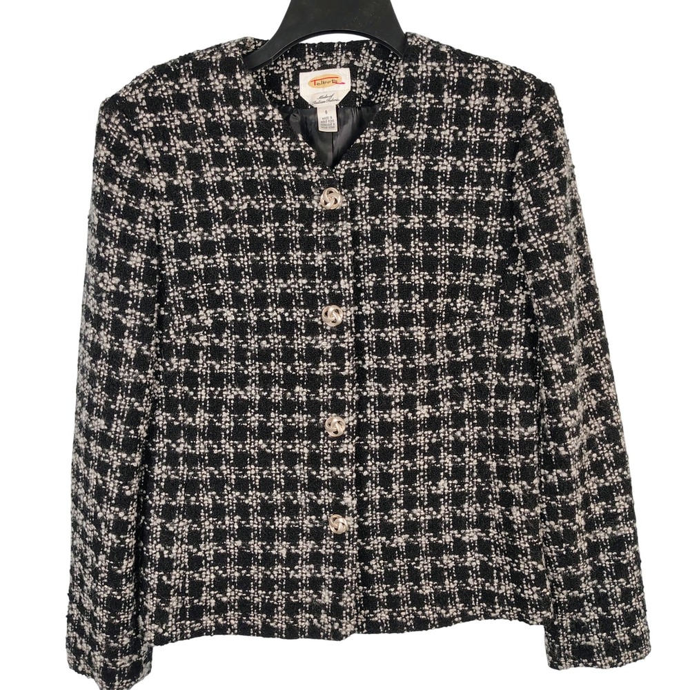 Talbots Womens SZ 6 Tweed Blazer Black White Wool Blend Classic Dark Academia